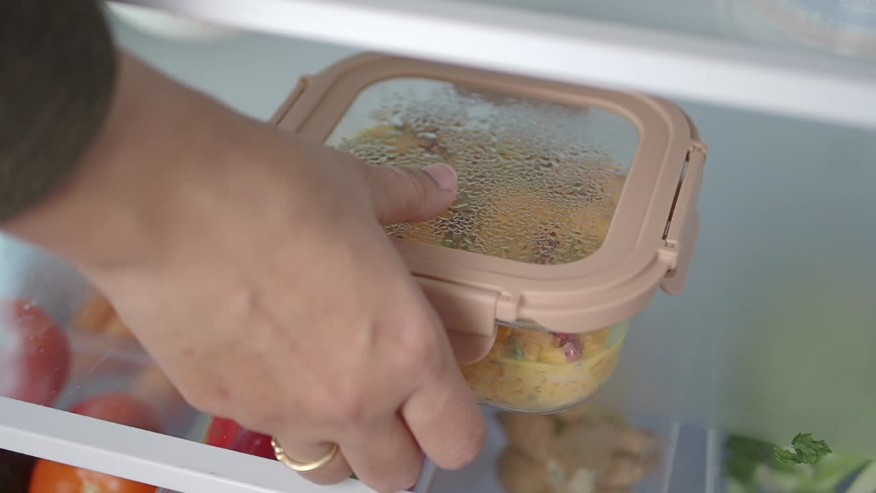 Mano che prende un contenitore di cibo dallo scaffale del frigorifero
