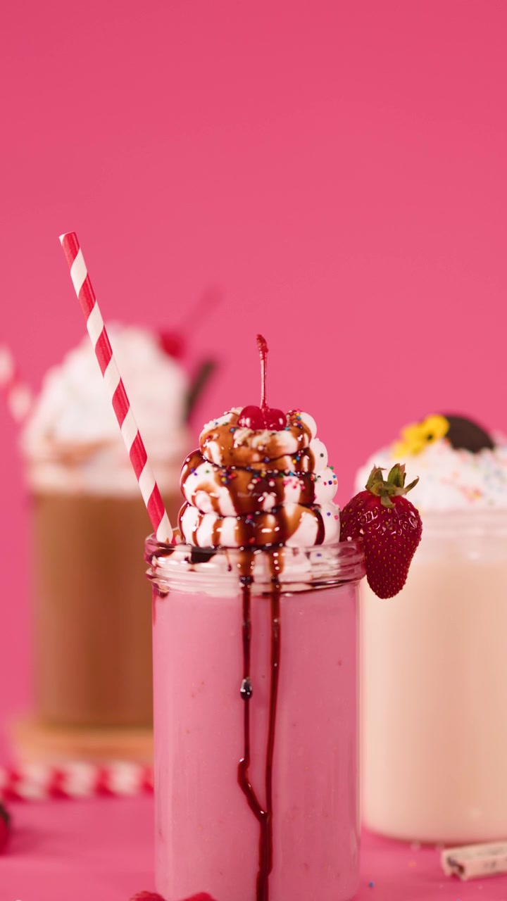 Frullato di fragole colorato guarnito con panna montata, salsa al cioccolato, una ciliegia e codette colorate, illuminazione da studio.