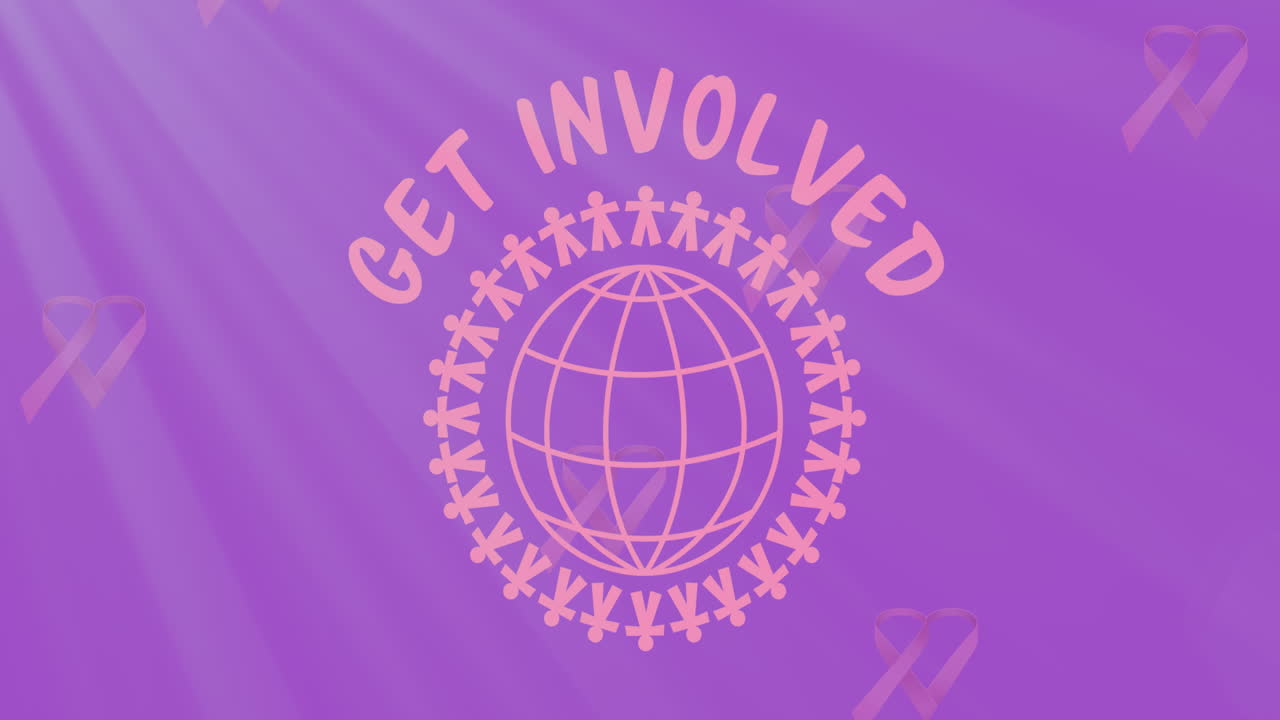 animazione di consapevolezza del cancro al seno testo su persone rosa e globo