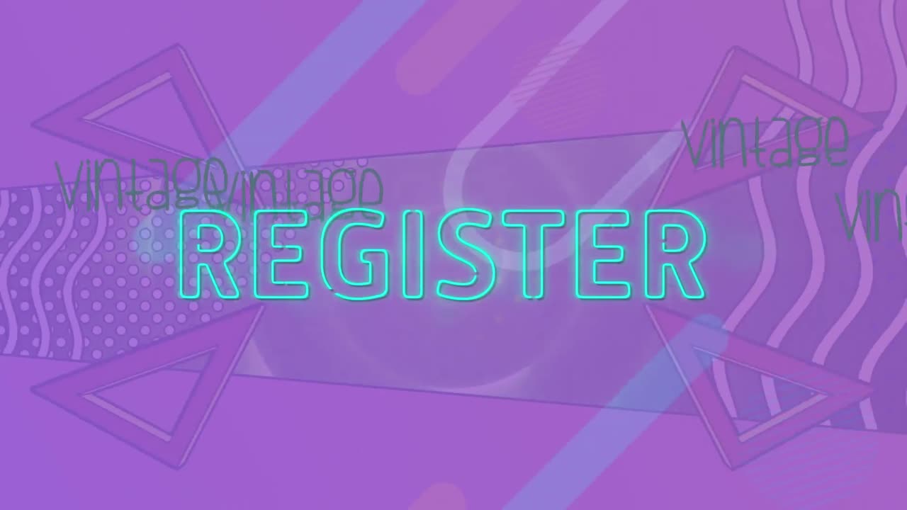 animación del texto del registro sobre formas en fondo púrpura.