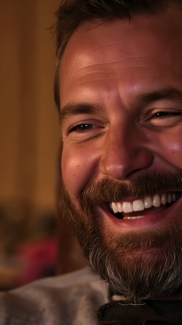 Video verticale: Uomo barbuto sorridente con maglione grigio che reagisce a una battuta fuori campo a casa, parete in legno.