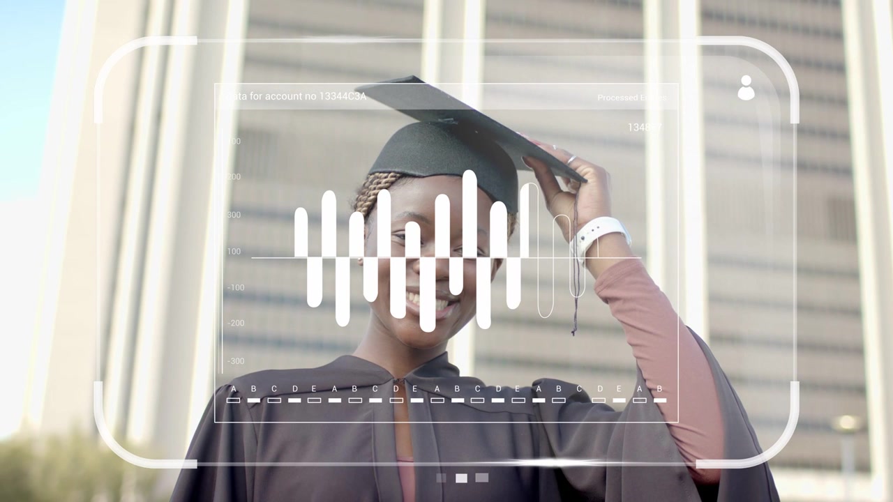 Woman grad holding cap aloft, lowering, adjusting, clear HUD waveform rising, securing cap for grad