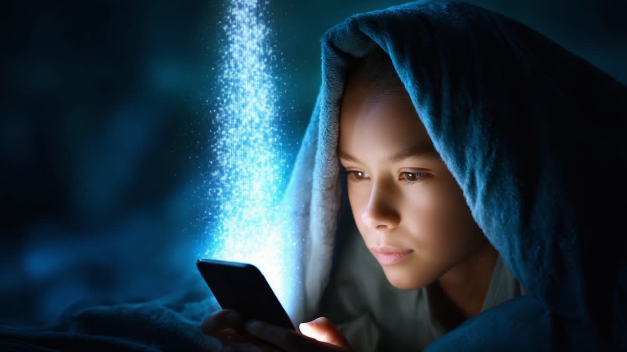 Uma criança curiosa, cativada pelo mundo digital, explorando a magia de um smartphone sob um cobertor aconchegante, revelando criatividade e admiração em um ambiente escuro