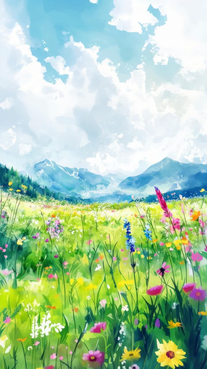 Vibrant meadow with wildflowers under a bright sky, captured from a low angle