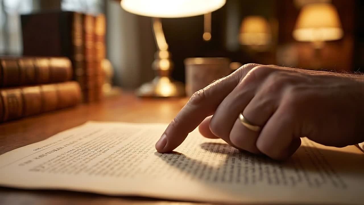 Mano di una persona con un anello che esamina un documento stampato su una scrivania di legno con libri e una tazza di caffè.