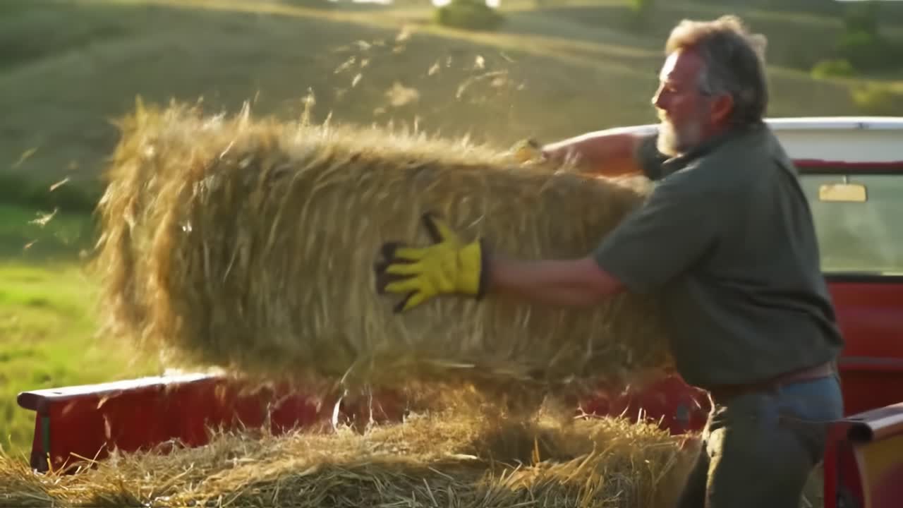 A Dedicated Farmer Hauls Fresh Hay Bales into His Pickup Truck Under a Golden Sunset, Celebrating a Hard Day's Work on the Lush Fields of Rural Landscape