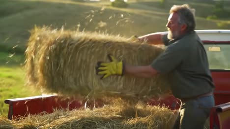 a dedicated farmer hauls fresh hay bales into his pickup truck under a golden sunset, celebrating a hard day's work on the lush fields of rural landscape