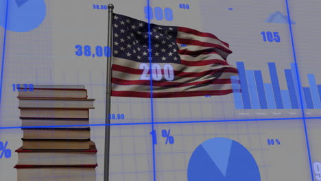 animation of financial data processing over flag of usa