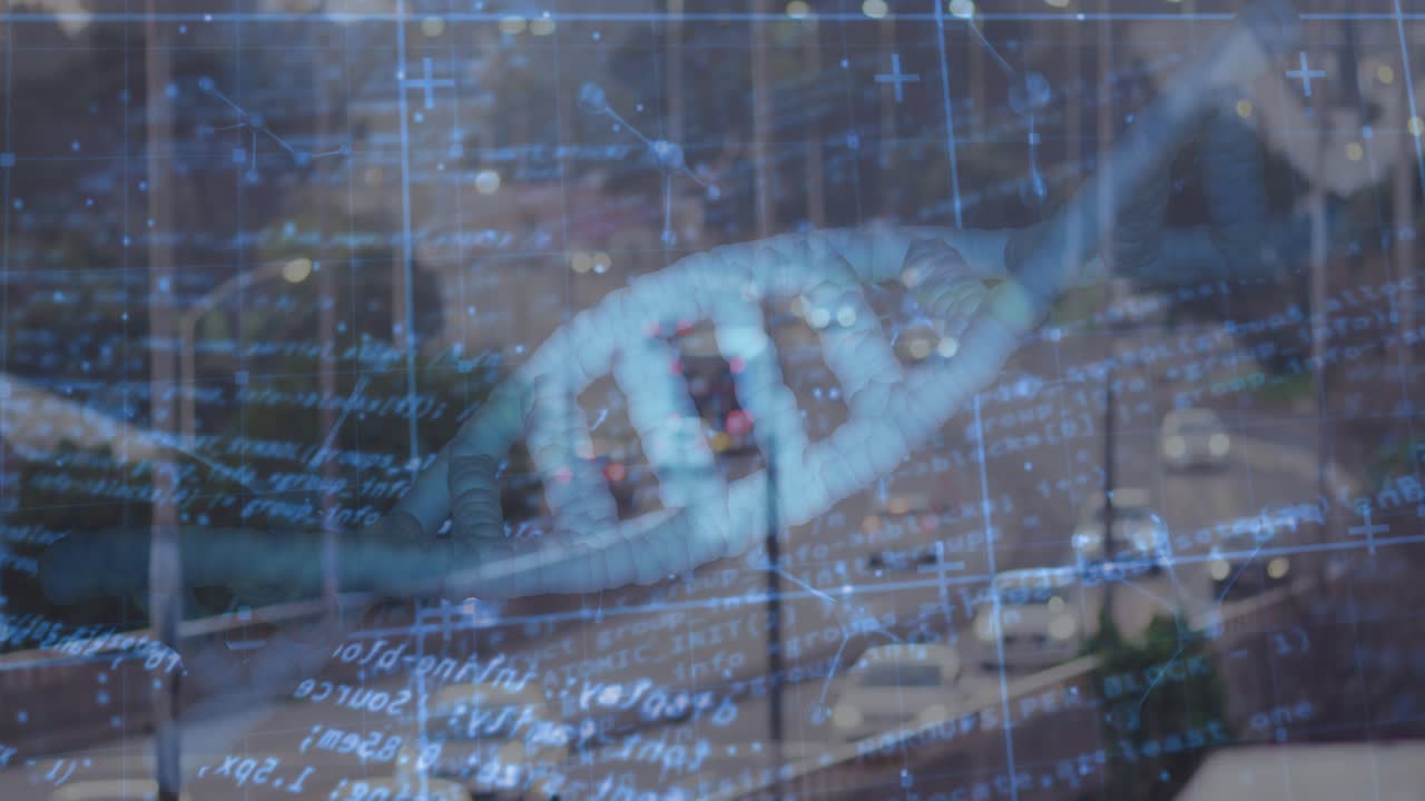 Overlay appearing left, blue helix shifting right and rotating, showing traffic analytics