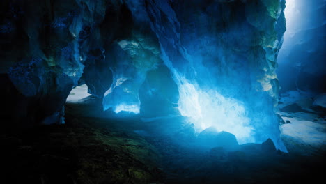 exploring the stunning blue ice cave with illuminated walls and passages