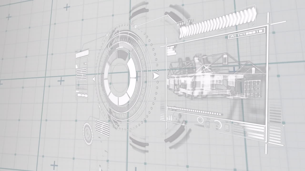 Animation of futuristic digital interface with gears and blueprint in school setting