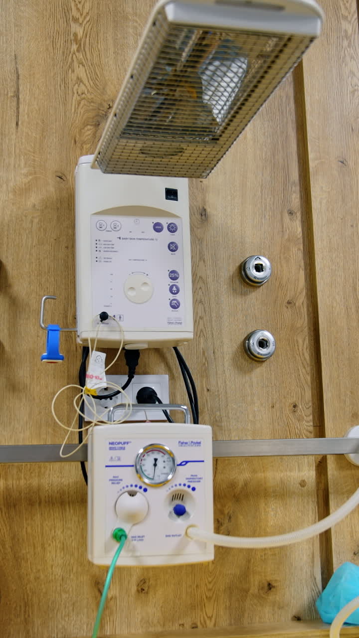 A device for resuscitation of infants and checking the child on the Apgar scale after delivery. Vertical video