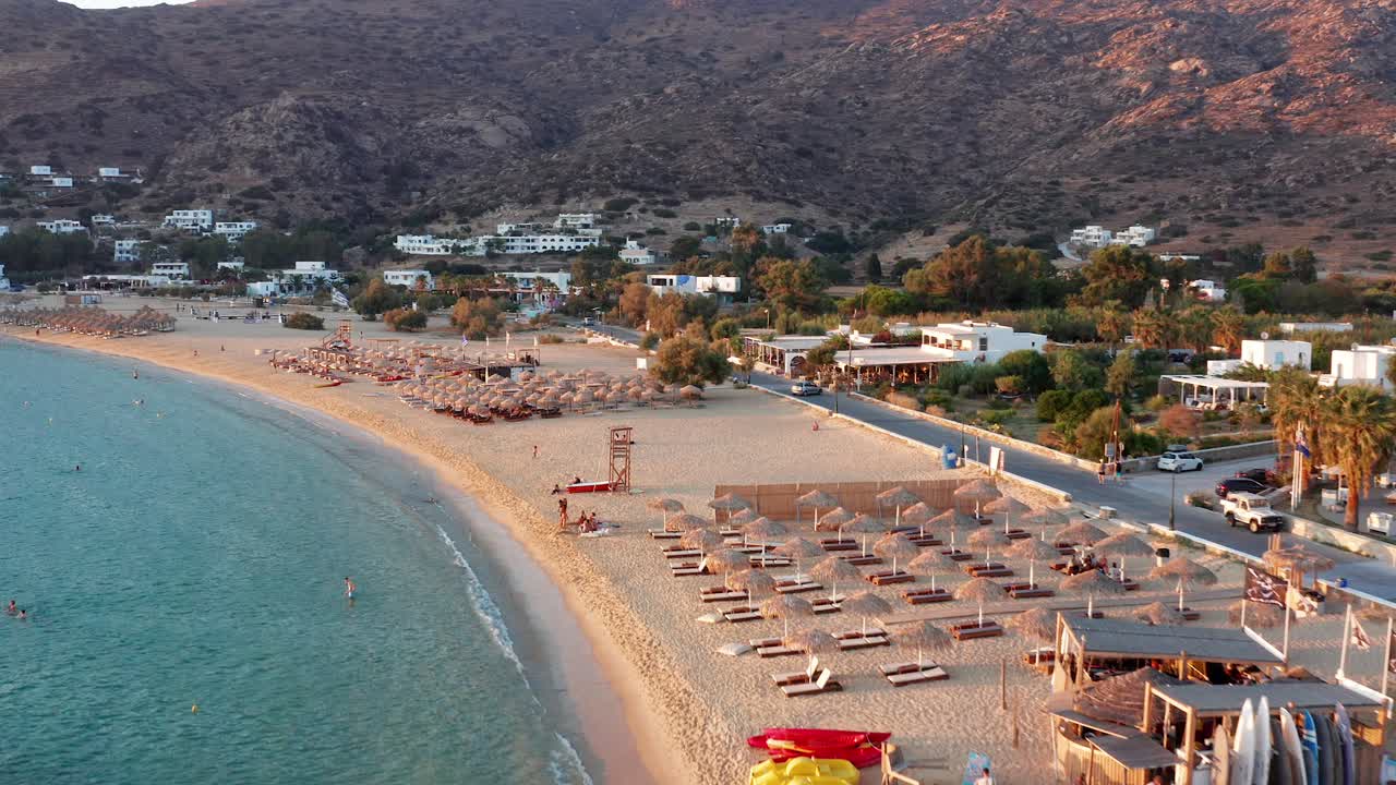 aerial view of mylopotas with private beach in ios island