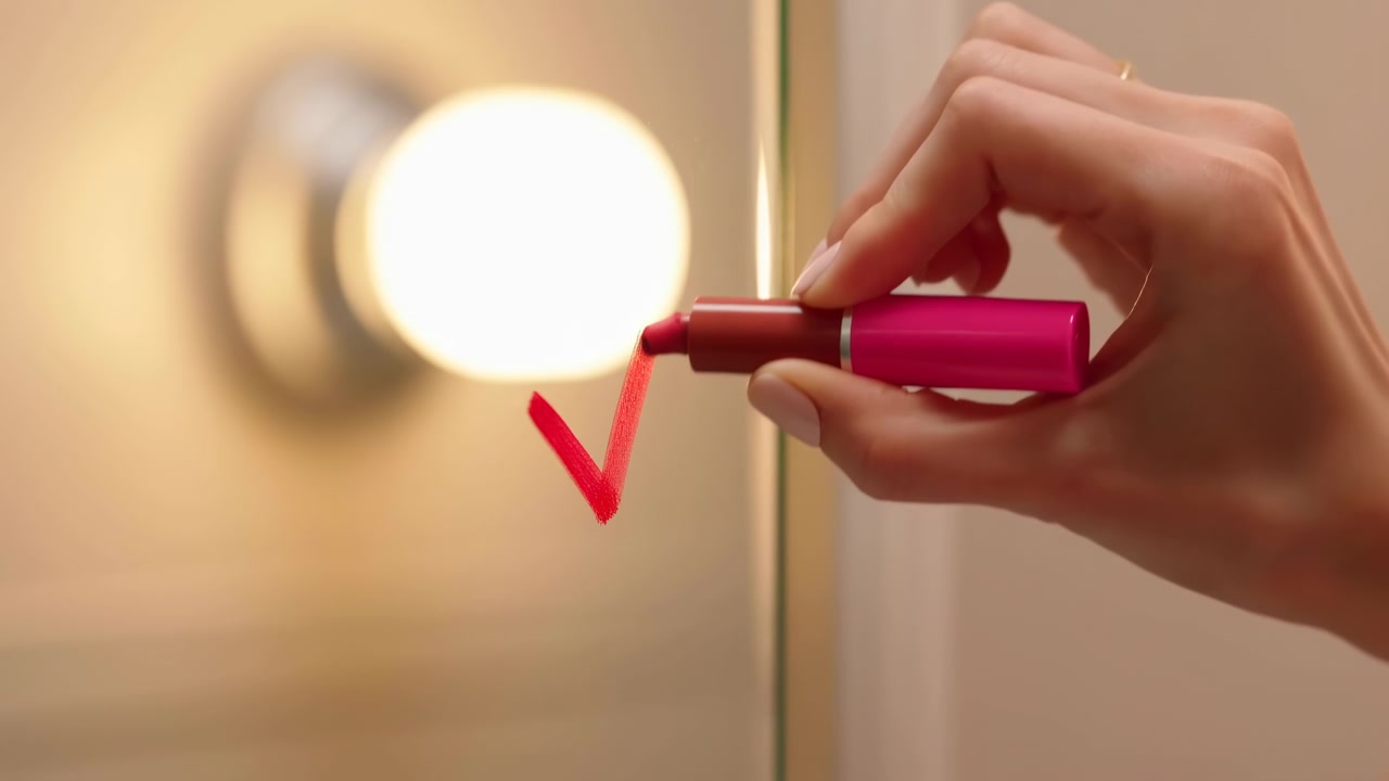 Una vista ravvicinata mostra una mano che tiene un rossetto rosso vivo contro una superficie a specchio mentre il segno si trasforma da una breve linea diagonale in una spunta completa, con una calda illuminazione da toeletta leggermente sfocata sullo sfondo