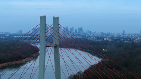 Sunset aerial view, Siekierkowski cable-stayed Bridge, Vistula River