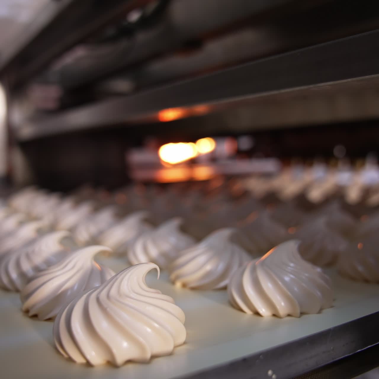 Conveyor belt moving slowly carrying freshly-made marshmallows. Creamy sweets manufacturing at food factory. Close up. Sweet backdrop