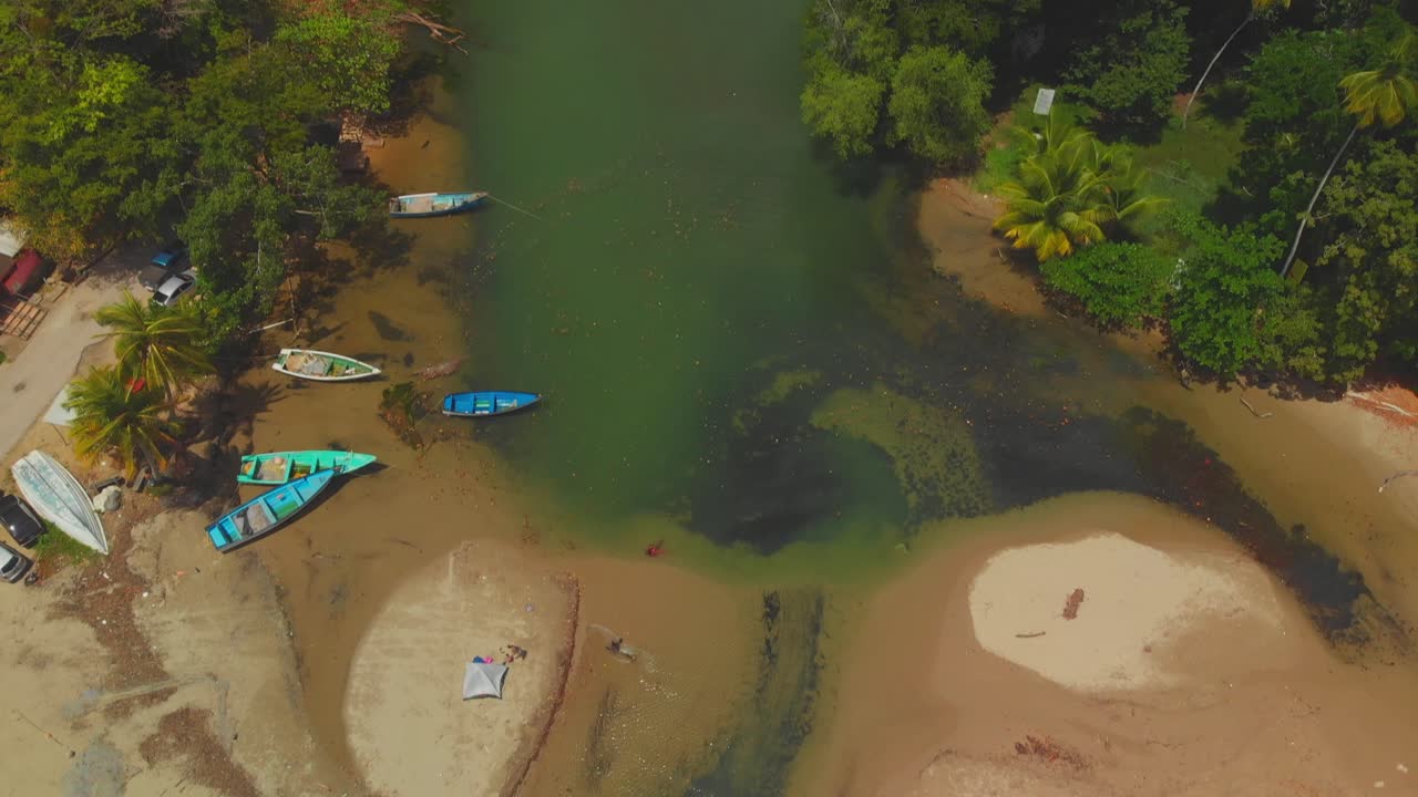 Epic revealing aerial of boats at the shoreline of a northcoast river then ascending to reveal the rainforest of Trinidad and Tobago