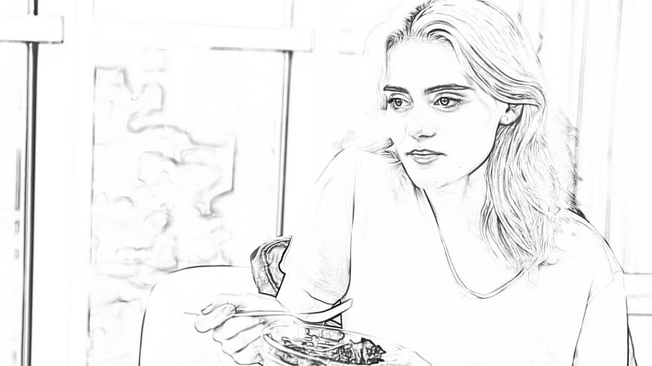 Donna che mangia un'insalata su un divano, doodle art in bianco e nero