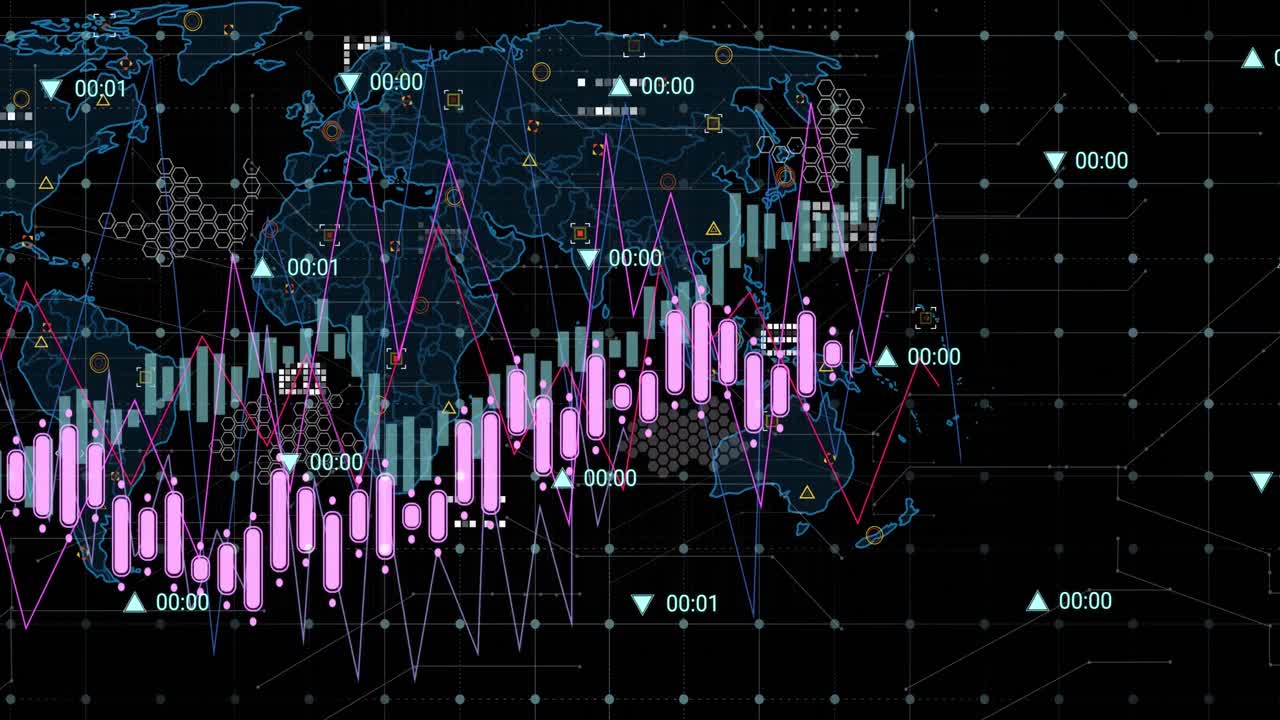 검은색 배경 위의 지도 위에서 숫자가 변하는 여러 그래프의 애니메이션