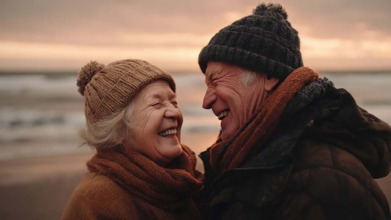 Capturing Timeless Love: Joyful Elderly Couple Embracing Together at Sunset on a Serene Beach, Celebrating Life with Laughter and Warmth
