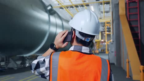 vista cercana de atrás de un ingeniero masculino asiático con casco de seguridad hablando en su teléfono inteligente mientras está de pie en una fábrica de fabricación de tuberías