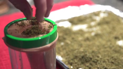 person putting dried and crushed marijuana buds and leaves in cheese cloth for extracting cbd oil. slow motion.