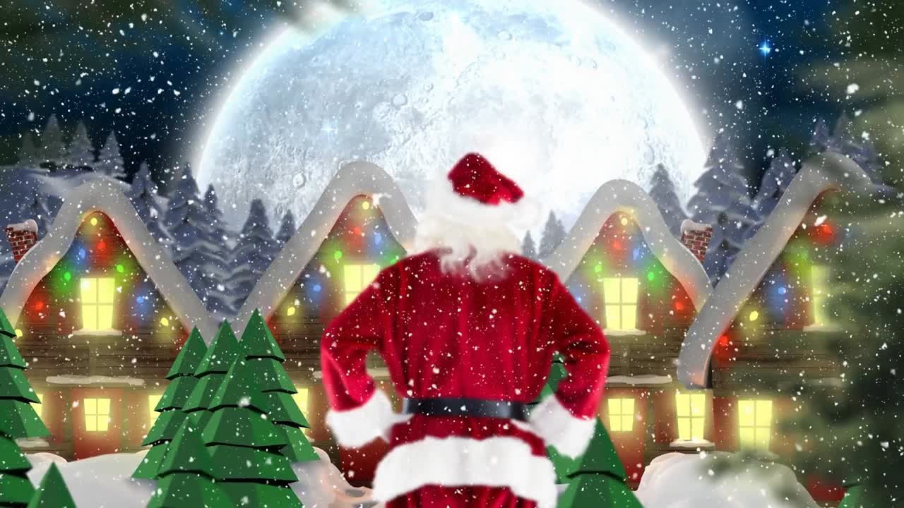 겨울의 풍경과 함께 내리는 눈과 함께 장식 된 집 앞의 산타 클로스