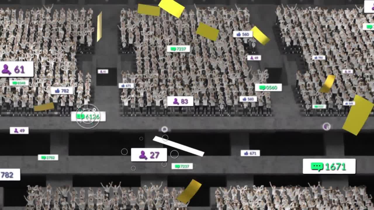 스포츠 경기장의 스탠드에 떨어지는 여러 미디어 아이콘과 황금 콘페티의 애니메이션