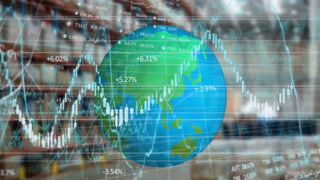 financial and stock market data processing over spinning globe against warehouse