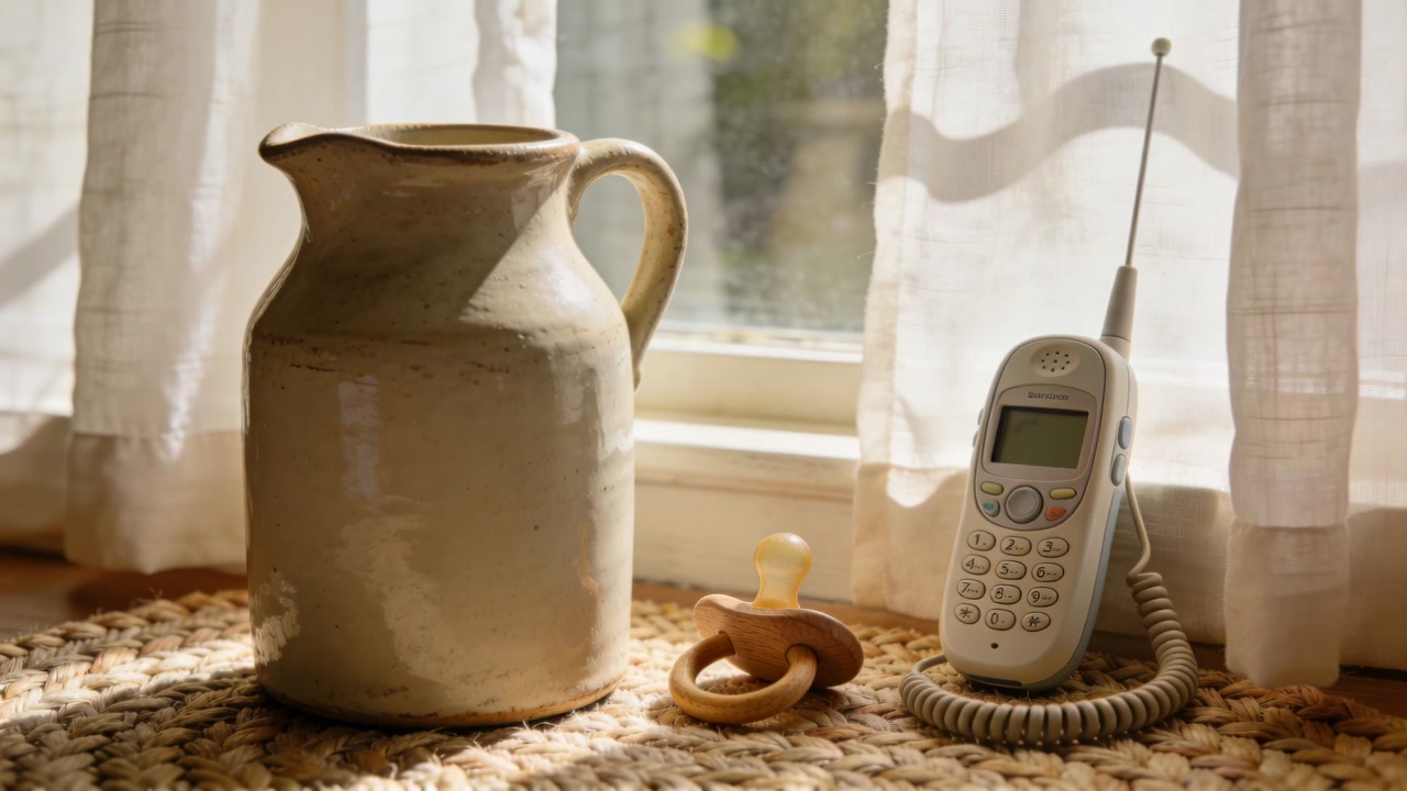 Shifting sunlight bathing cream jug on windowsill, pacifier and handset on woven mat, copy space