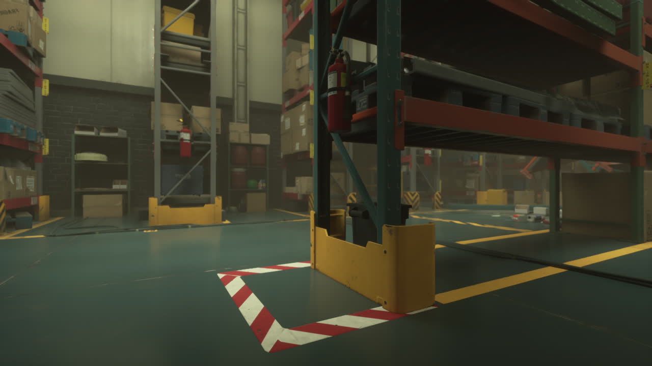 Empty warehouse with shelves and pallets