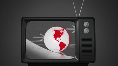 pantalla de noticias de televisión antigua con globo digital rojo y blanco giratorio
