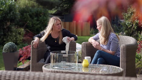 two women conversing in a garden setting