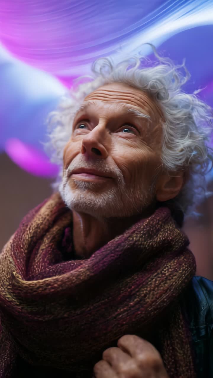 Un uomo anziano osserva meravigliato un vivace e colorato spettacolo di luci, catturando l'essenza della curiosità e della meraviglia in un'atmosfera mistica