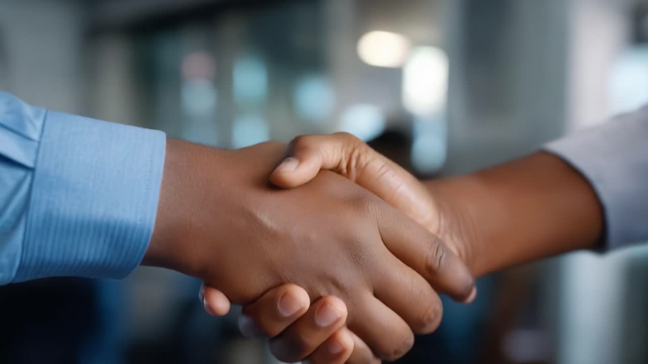 A Firm Handshake Symbolizing Collaboration and Mutual Respect in a Professional Setting, Showing Two Diverse Individuals Connecting Through Business Interaction
