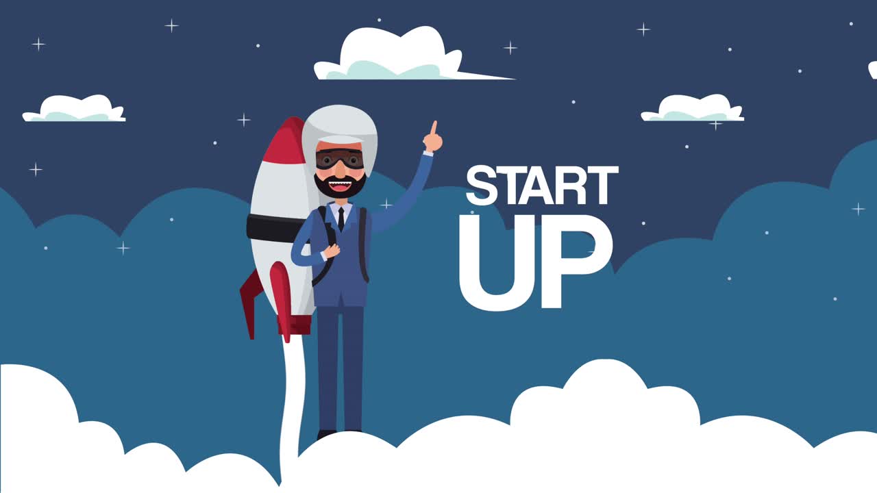 elegante hombre de negocios exitoso en un cohete en el cielo de nubes