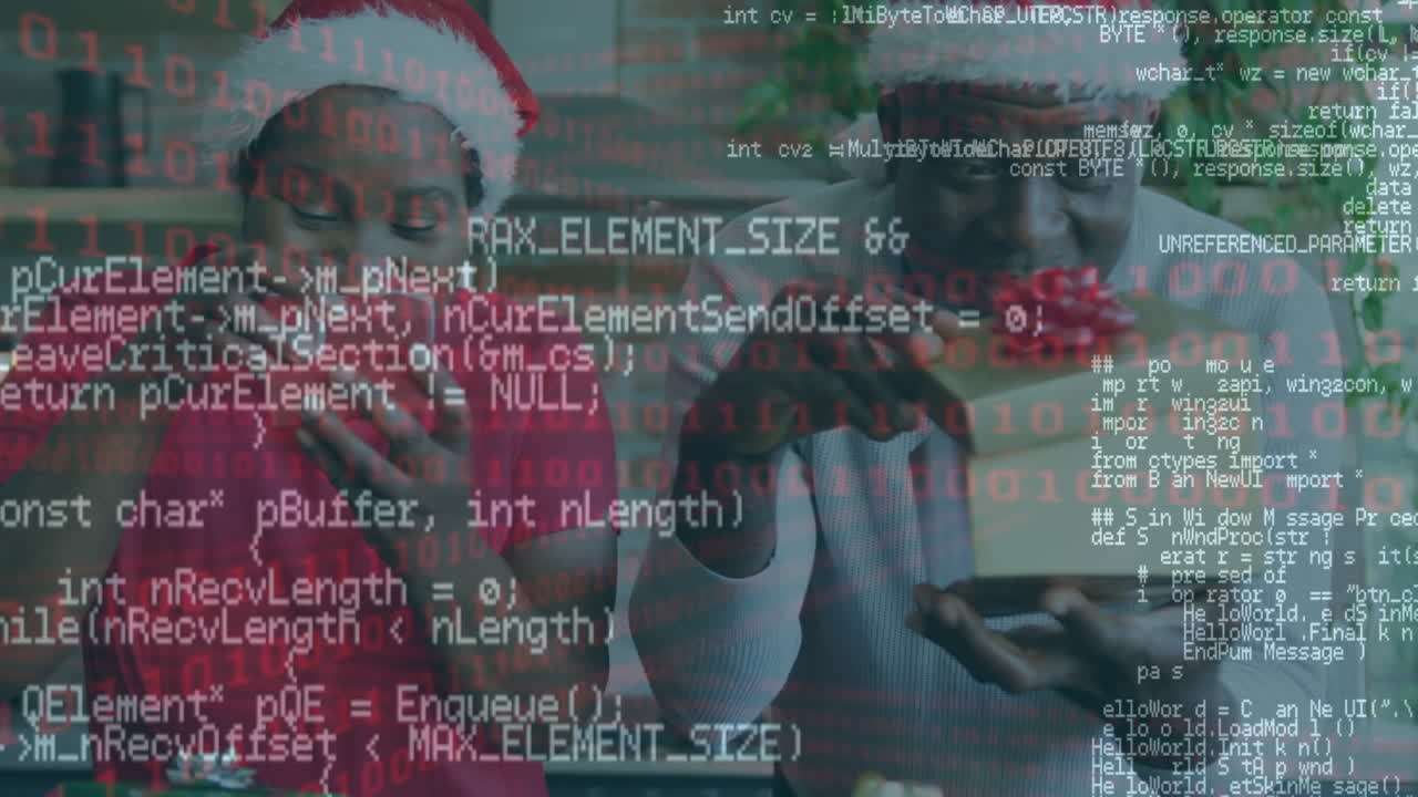 Animation de traitement de données sur un couple afro-américain âgé et enthousiaste tenant des cadeaux de Noël