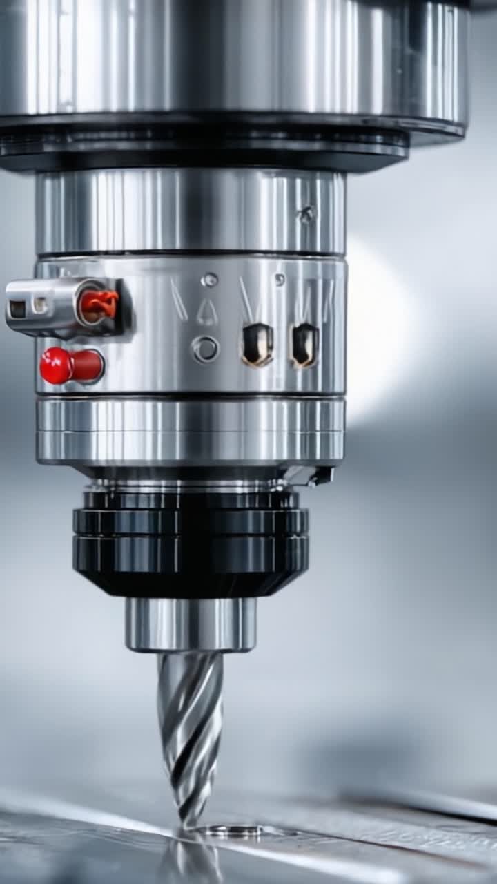 Ingegneria di precisione: primi piani di un utensile di fresatura CNC ad alte prestazioni in funzione, che evidenziano la meccanica dettagliata e i componenti funzionali per applicazioni di lavorazione dei metalli.