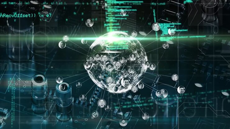 Animation of globe over network of connections and data processing