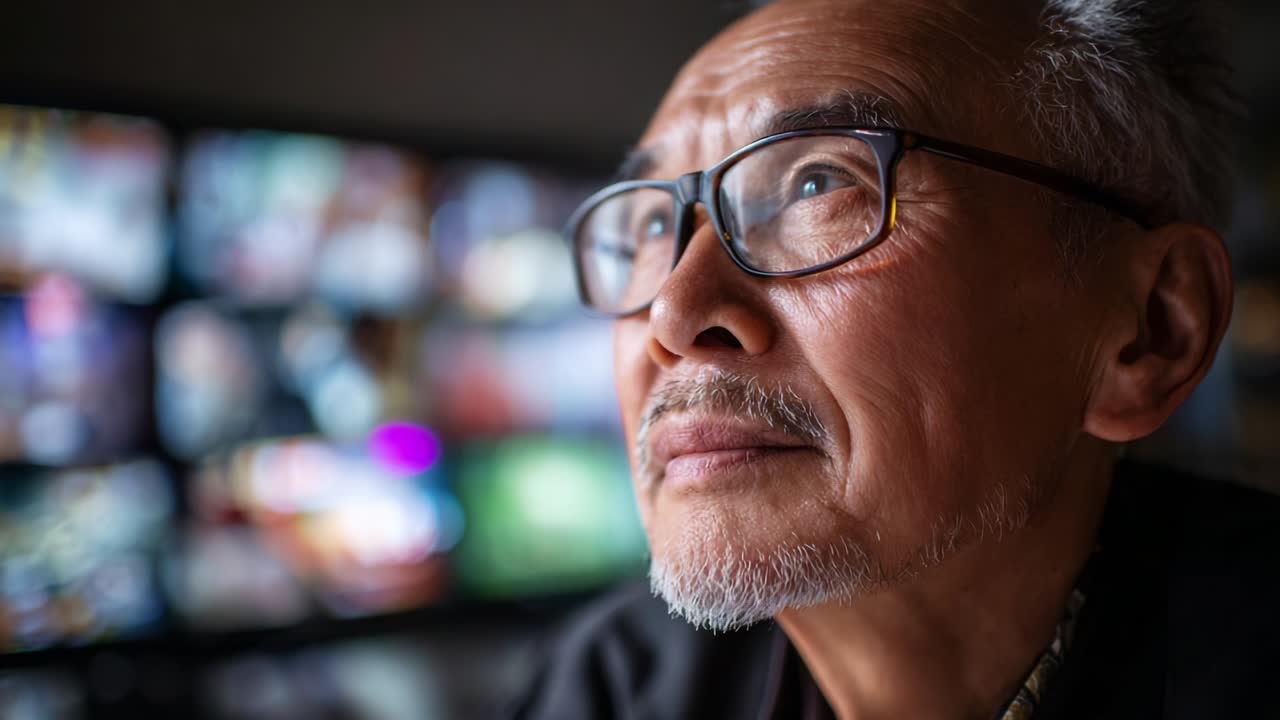 A Thoughtful Elderly Man Observes the Surrounding Technology, Engaged in Reflection While Watching Multiple Screens Displaying Various Visual Content, Emphasizing the Connection Between Age and Modern Media Engagement