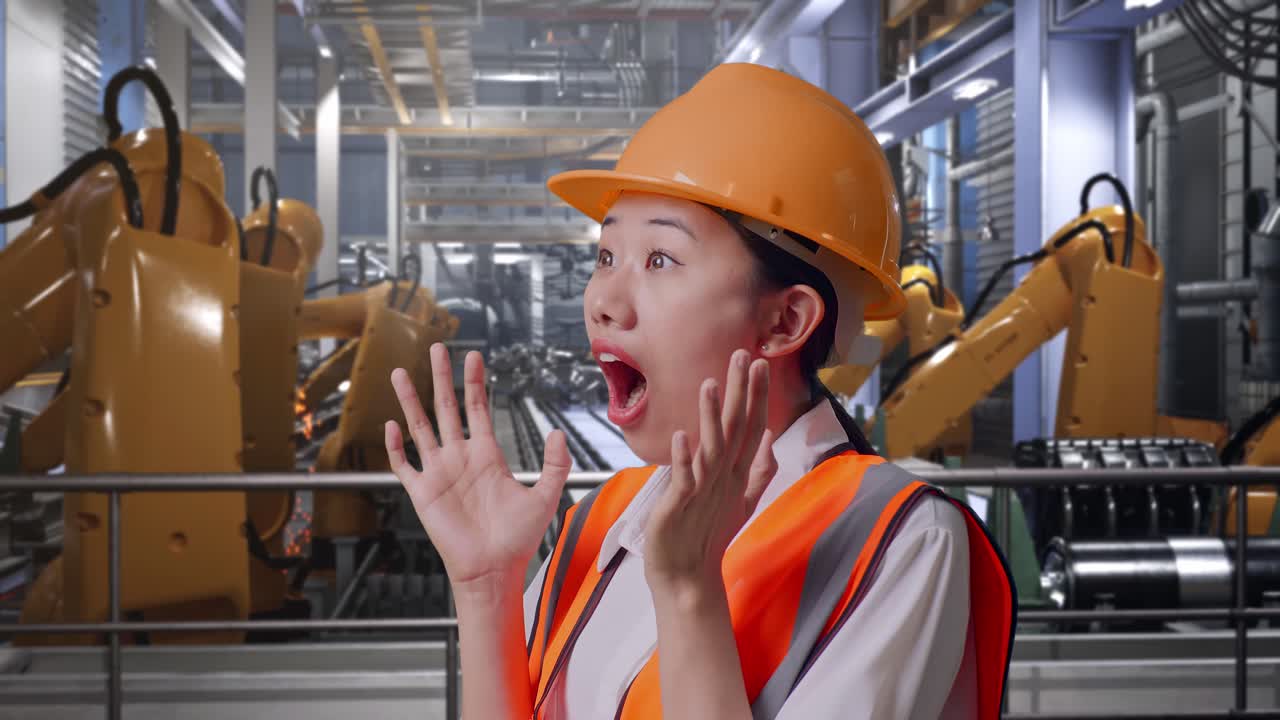Close Up Side View Of Asian Female Engineer With Safety Helmet Smiling And Saying Wow While Standing With Industrial Robotic Arms Working