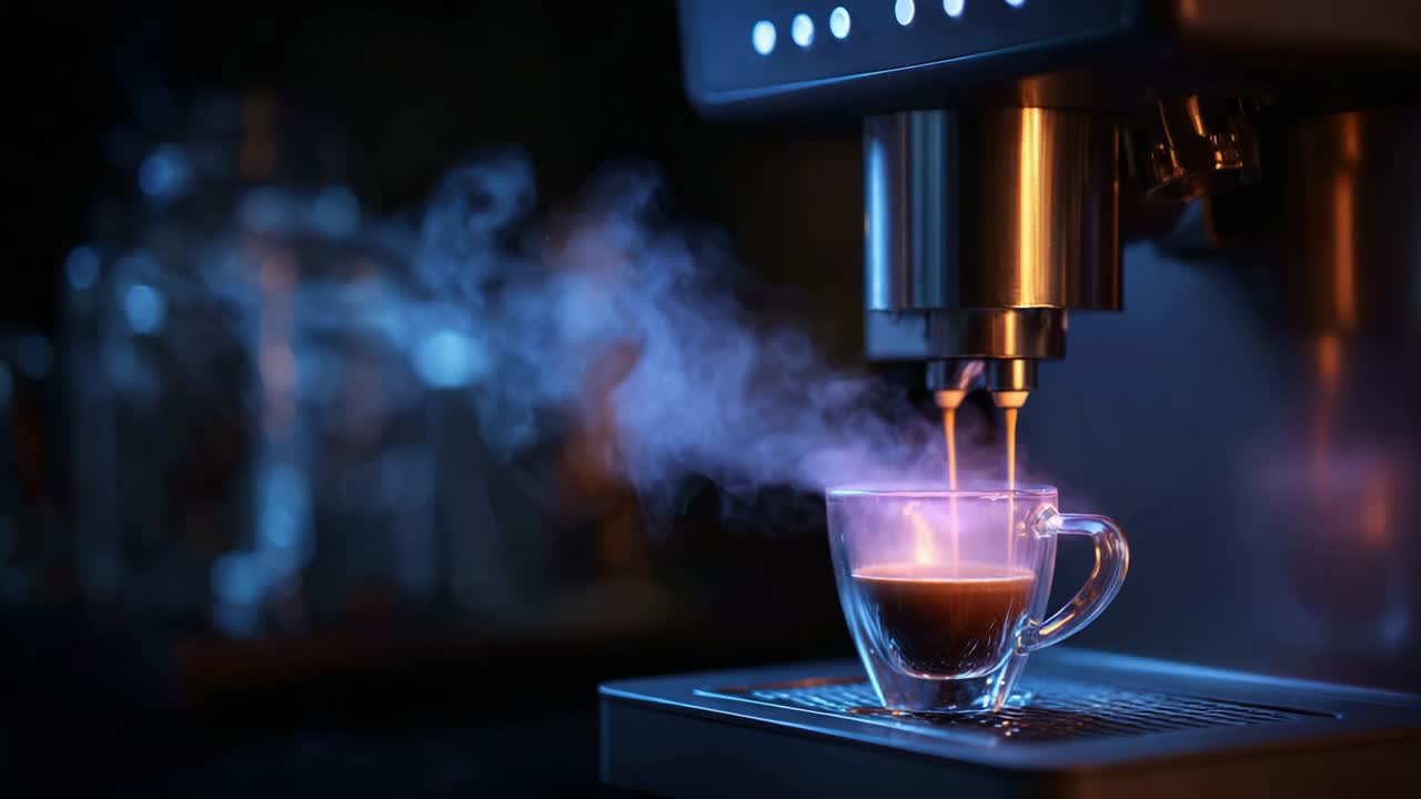 A mesmerizing sequence showcasing a high-end espresso machine elegantly brewing a rich shot of espresso, with steam rising and creating an inviting atmosphere perfect for coffee enthusiasts