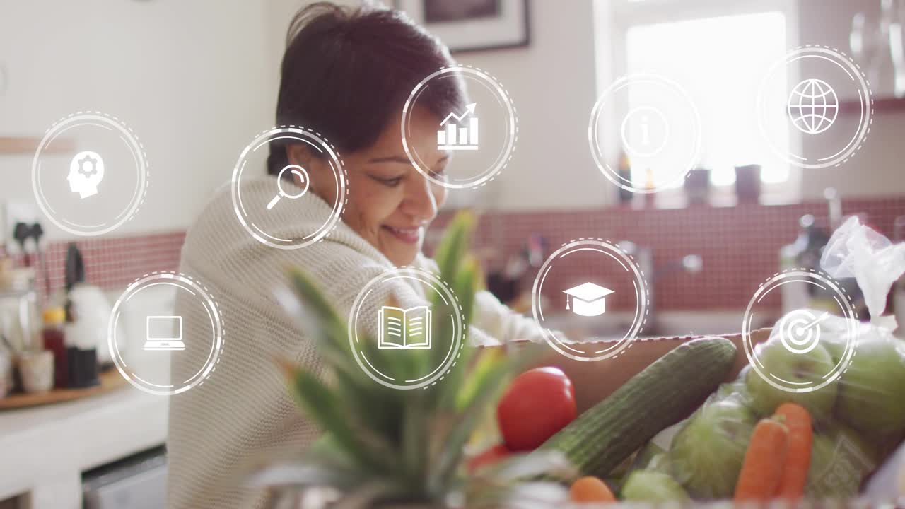 Senior woman reaching kitchen box and sorting carrots while tech icons guiding inspection