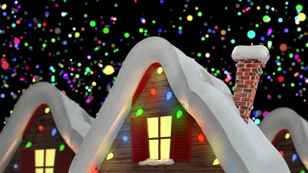 검은 바탕에 장식 된 집과 함께 겨울 풍경의 애니메이션