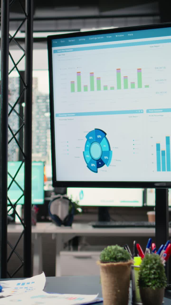 Vertical Video Sleek boardroom empty with technology and business documents