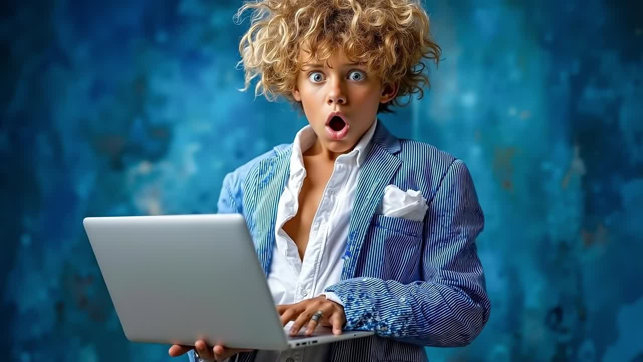 Un ragazzino in giacca e cravatta che tiene in mano un computer portatile