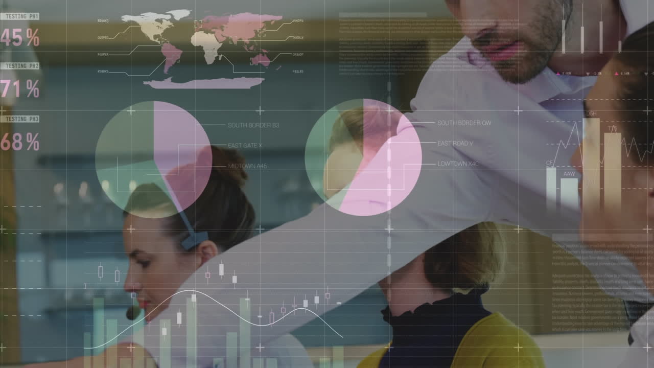 animación del registro de estadísticas sobre personas de negocios que usan auriculares telefónicos