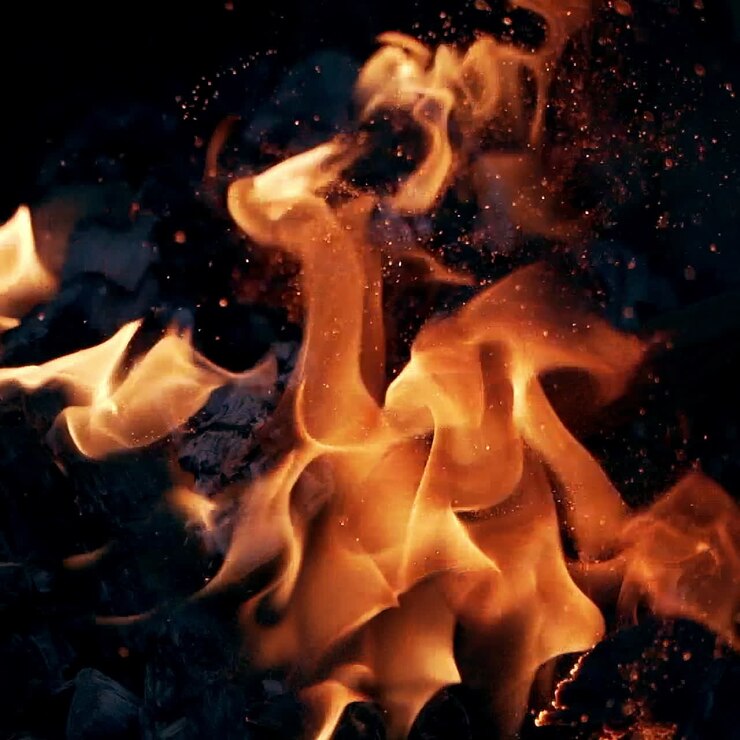 Falò. Ceppi che bruciano in fiamme arancioni. Un bel fuoco brucia intensamente. Le braci del fuoco si innalzano. Movimento lento.