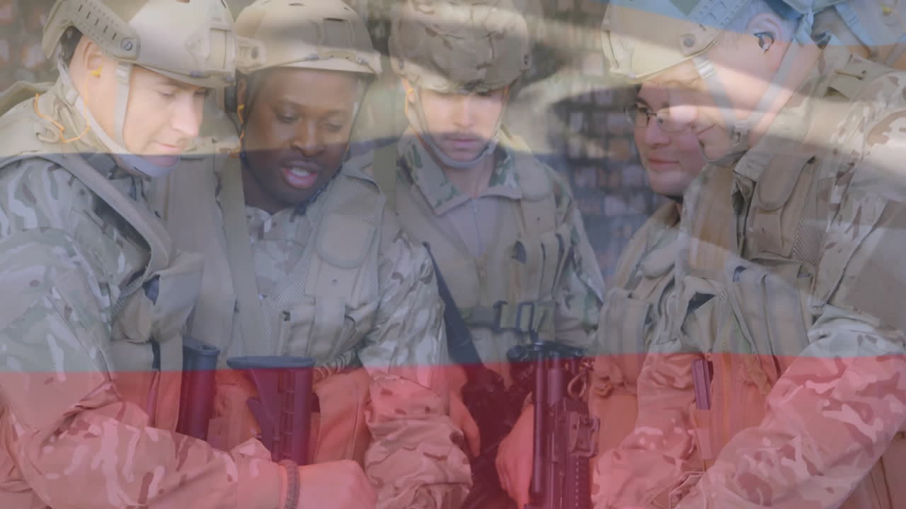 Collaborating, military personnel in uniform with American flag animation overlay