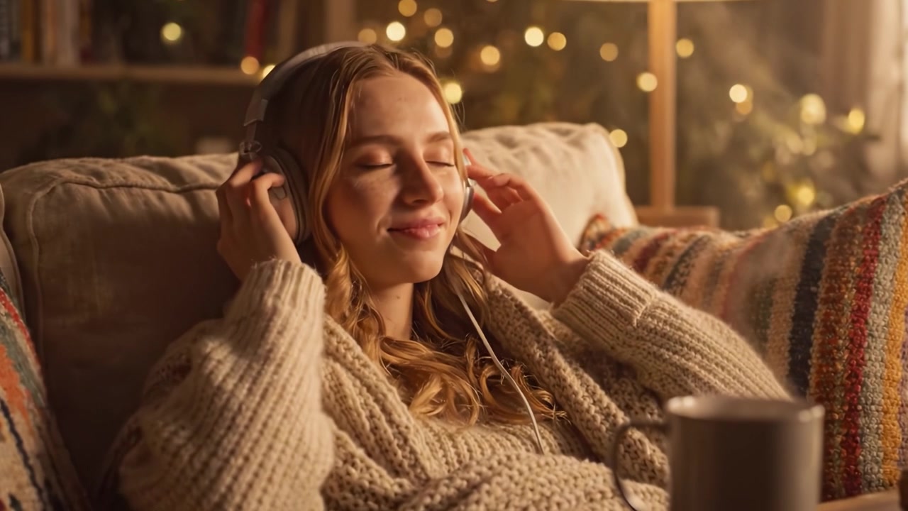 Afslappende øjeblikke: En hyggelig aften med musik og ro fanget i to billeder af en ung kvinde, der nyder sine yndlingsmelodier i behagelige omgivelser.
